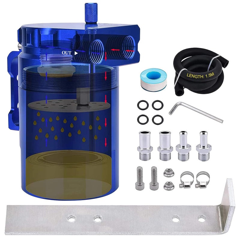 SPEEDWOW Universal Oil Catch Can Tank Filter Baffled With Hose Kit, 300ML( Blue ) - Image 1